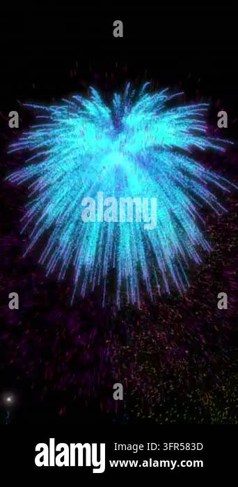 Animation of fireworks and christmas fairy lights flickering over black ...