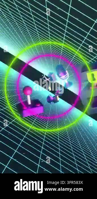 Animation of gaming icons and shapes over neon shapes. Abstract ...