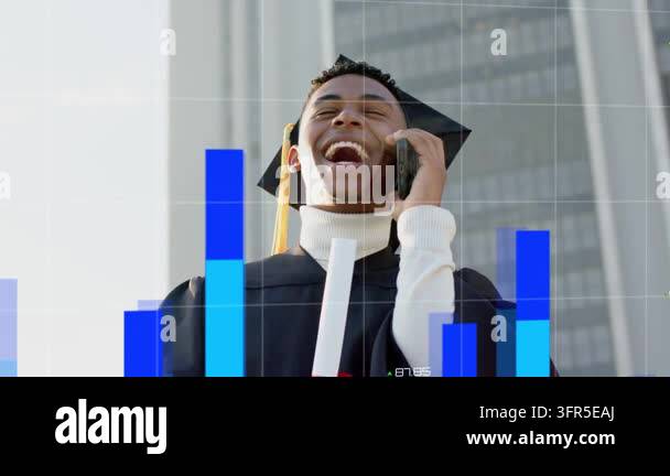 Education grad getting call, on phone and raising diploma while blue ...
