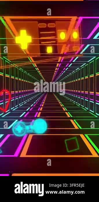 Vertical video: Neon grid tunnel pulling eye forward game joystick ...