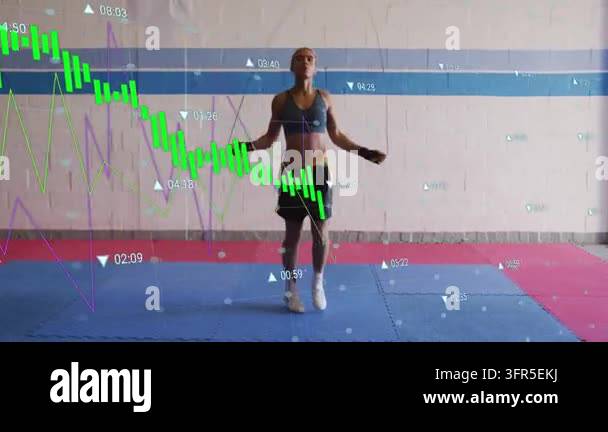 Woman starting wrist turning with rope, hopping and shifting tempo, HUD ...