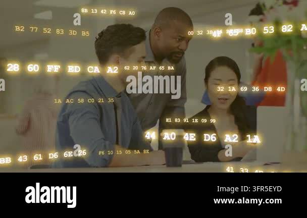 Overlay Html Over Video Tech team leaning over laptop while woman pointing tablet, analyzing ...