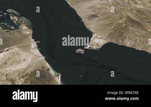 Bab al Mandab strait satellite zoom in with red warning icon indicating ...