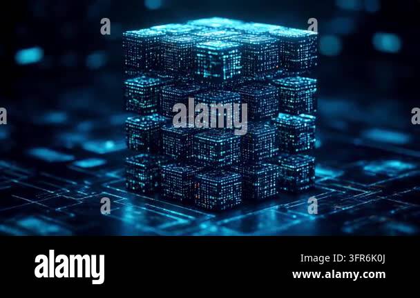 Blue digital data cube composed of smaller glowing circuit cubes Stock ...