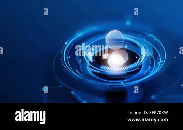 Blue digital circular interface with glowing spheres and data lines ...