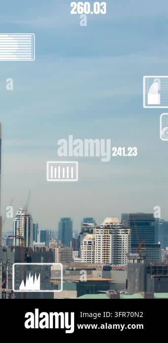 Business data analytic interface fly over smart city showing alteration ...