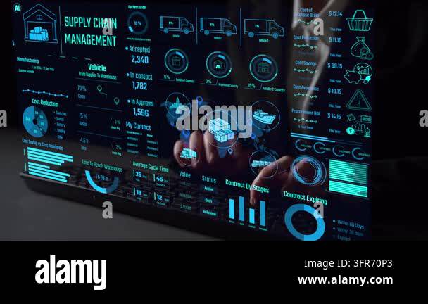 Supply chain management interface showing delivery routes, warehouse ...