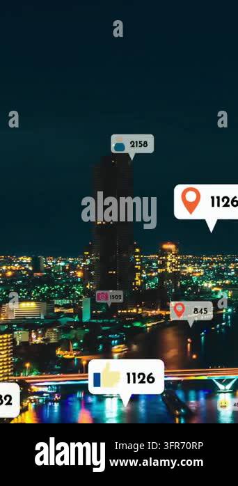 Social media icons fly over city downtown showing people reciprocity ...