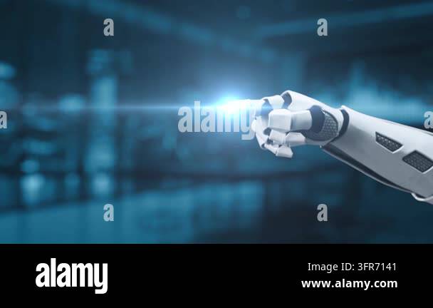 A robotic hand points towards social media marketing graphics ...