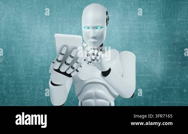 Using Cell Phone Vector Robot hominoid use mobile phone or tablet for engineering science ...