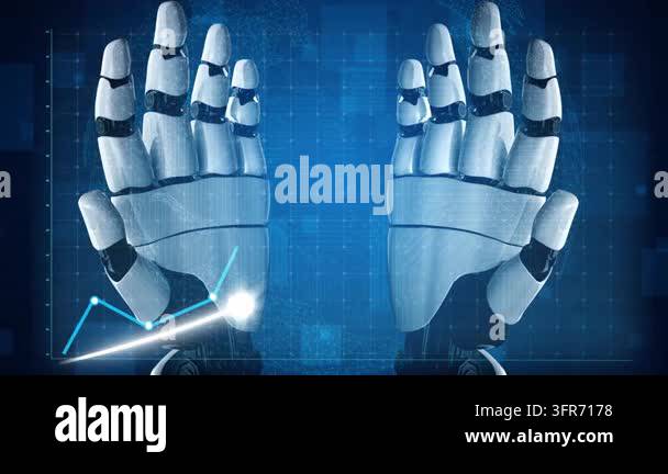 A futuristic depiction of robotic hands against a digital graph ...