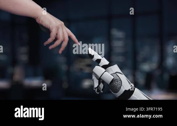 Tech Fusion Collection A robotic hand interacts with a high-tech touchscreen displaying AI ...