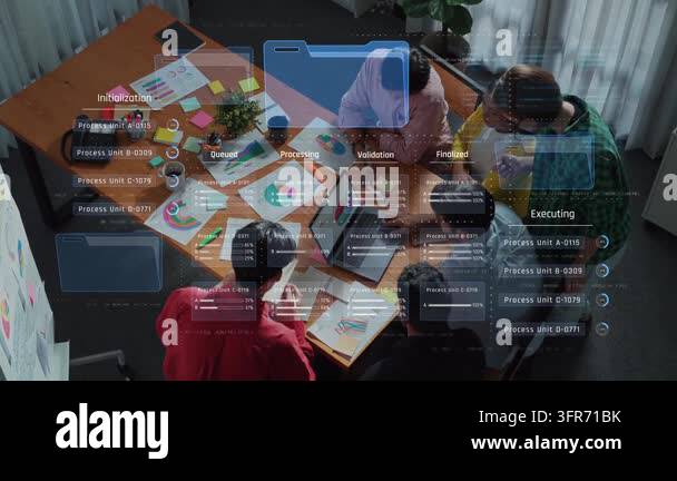 A modern office scene showcasing a team engaged in a data processing ...