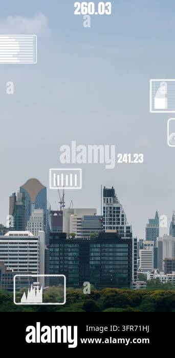 Business data analytic interface fly over smart city showing alteration ...