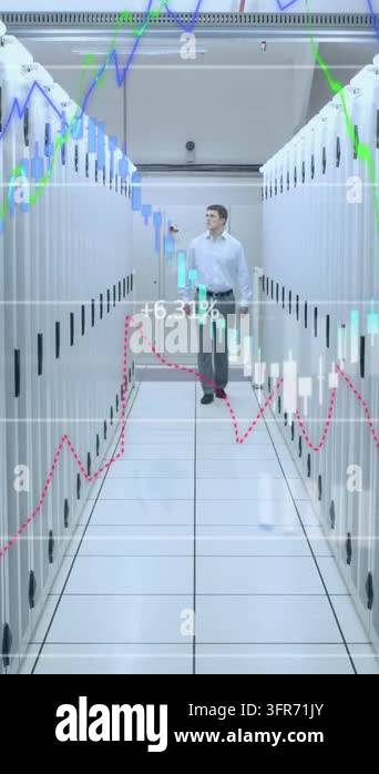 Animation of data processing over male it technician by computer ...