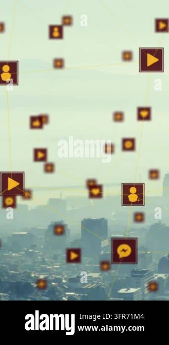Animation of tech icons floating over cityscape. Network, connections ...