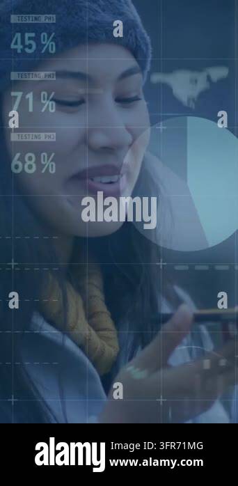 Animation of red line financial data processing over asian woman on ...