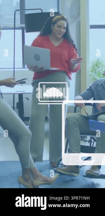 Animation of statistical data processing, digital icons over diverse ...