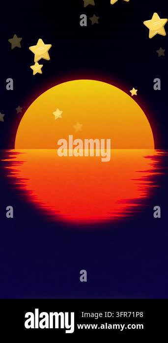 Animation of golden stars falling over sun icon against blue gradient ...
