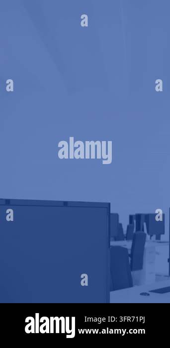 Animation of statistical data processing against empty office. Computer ...