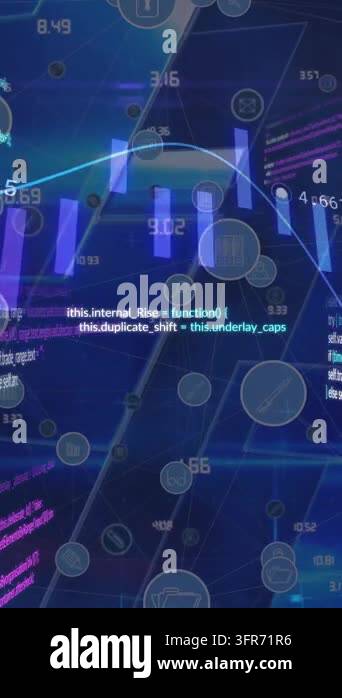 Animation of network of digital icons and data processing over square ...