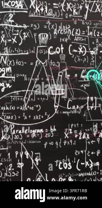 Animation of mathematical equations over icons on black background ...
