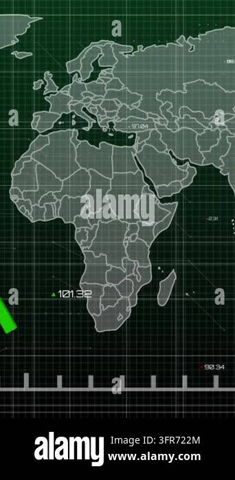 Animation of statistical data processing over world map against green ...
