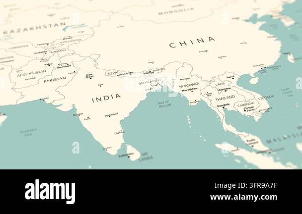 Asia. Political map of South and Southeast Asia with a smooth movement ...