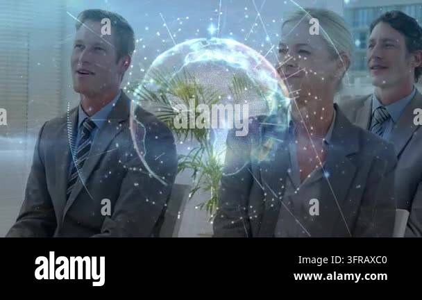 Business team sitting in meeting watching 3D globe appearing, rotating ...