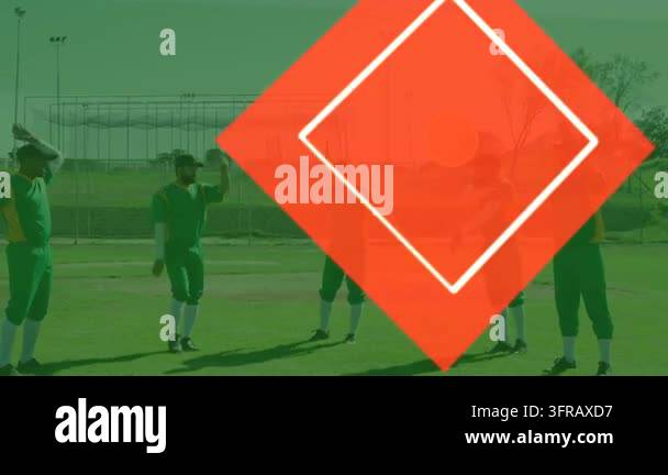 5 baseball players pointing infield as red diamond expanding drawing ...