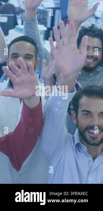 Vertical video: Team waving at camera in office while camera rising ...