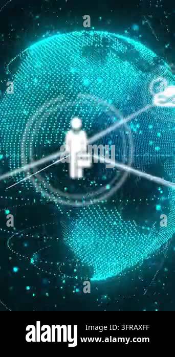 Vertical video: Central user icon appearing on globe, sending lines ...