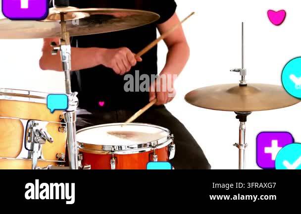 Drummer playing and striking, sending hearts and play icons from right ...