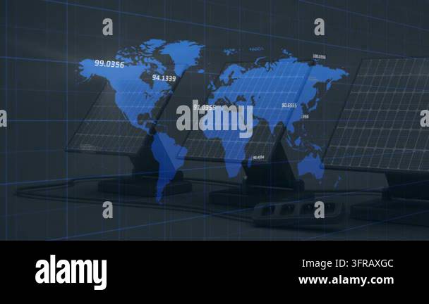 Live data feed starting blue map rising over solar panel, numeric data ...