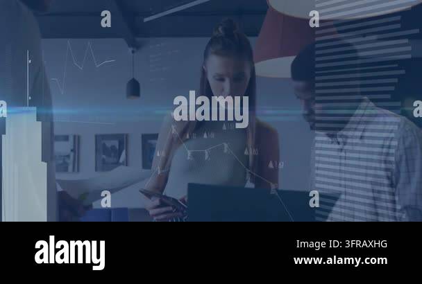 Woman toggling phone and pointing at laptop, causing HUD charts linking ...