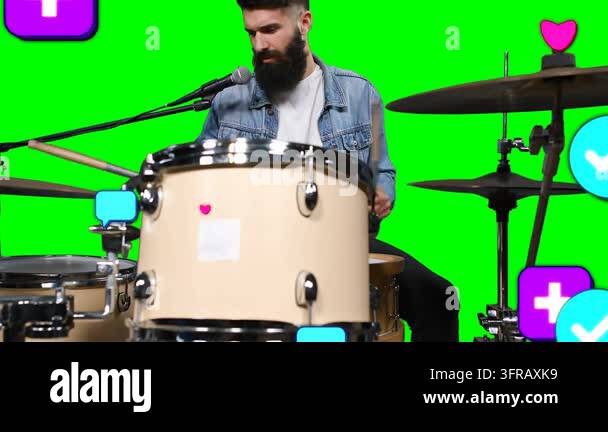 Drummer playing, singing into mic while social icons appearing right ...