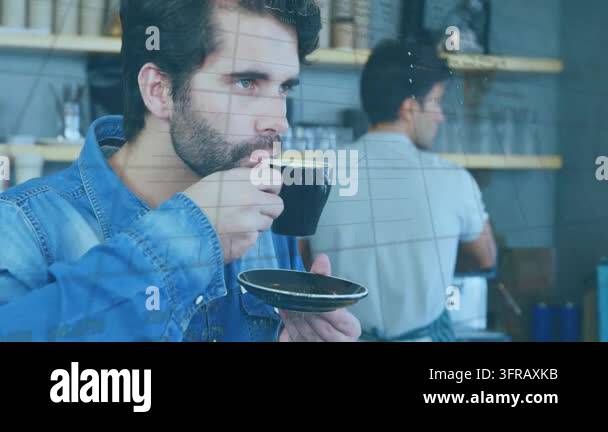 Customer sipping black cup in cafe starting animated graphs tracing ...