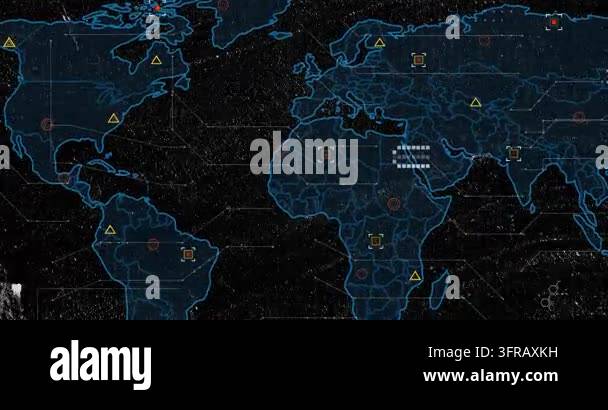 View expanding revealing neon-blue global map, HUD animating, icons ...
