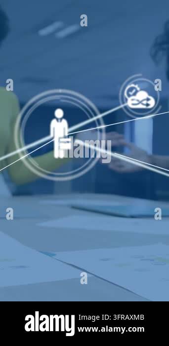 Vertical video: HUD nodes growing over table as team stacking hands in ...