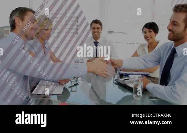 Five business pros two men reaching across sealing deal, animated pie ...