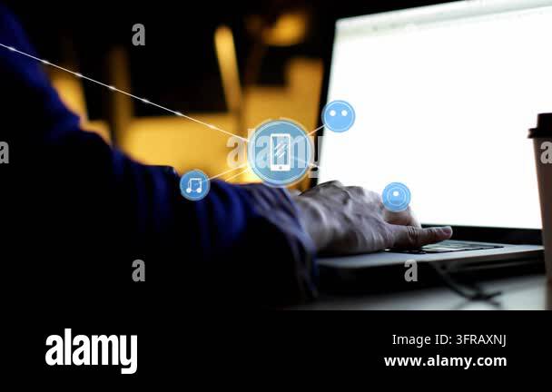 Tapping male hand in blue shirt moving on laptop keyboard at desk, with ...
