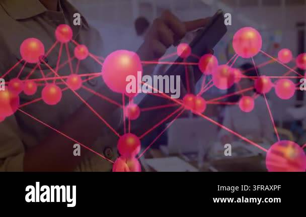 Woman tapping tablet in office, moving pink node network aligning over ...