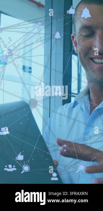 Vertical video: Man tapping tablet by glass, seeing business icons ...