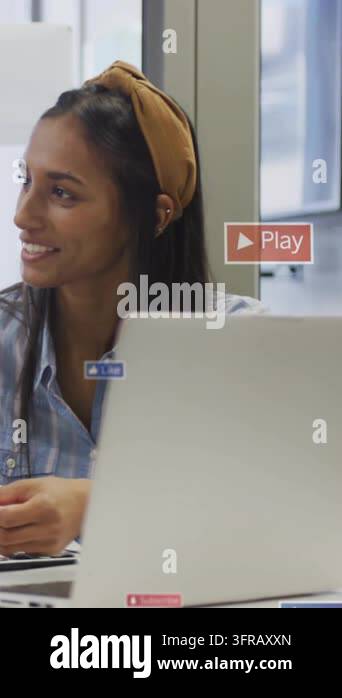 Woman shifting gaze, tapping laptop and starting floating play like sub ...