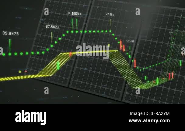 Solar panels receiving green data row, animating 3D ribbon, forming ...