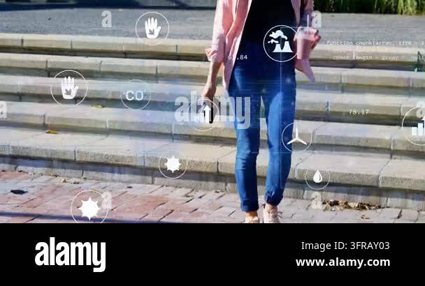 Woman walking down steps, phone sending AR readouts and icons showing ...