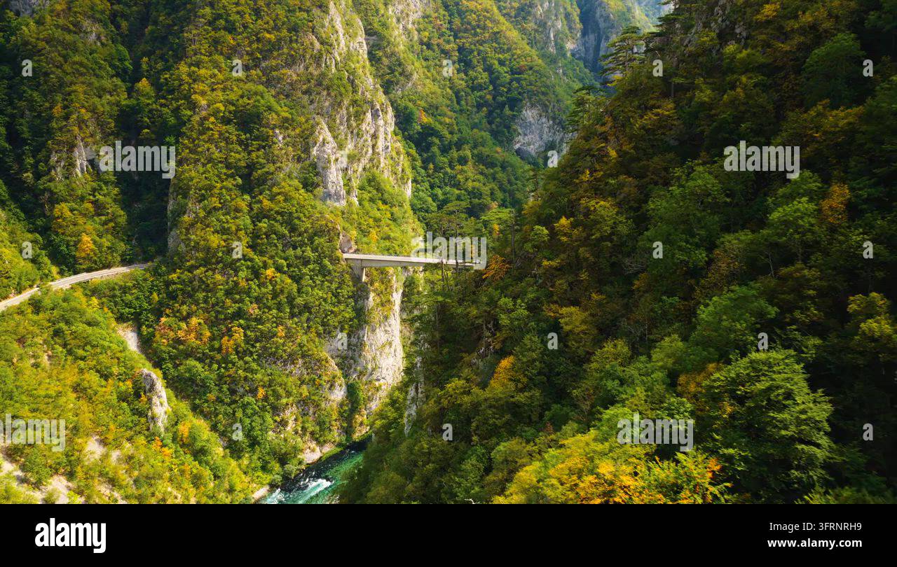 Car Crossing a High Bridge Over a River Gorge, aerial view Stock Video ...