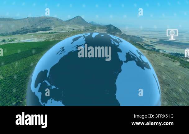 Globe rising in view, rotating as grid drawing, icons popping and ...