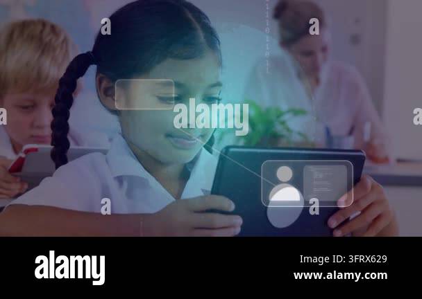 School girl tapping tablet in classroom, sending animated profile icons ...