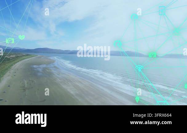 Camera panning along sandy coast, turquoise network fading in and ...